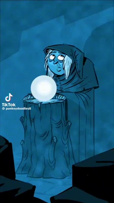 A blue-toned cartoon scene shows a hooded, blue-skinned fortune teller with long white hair seated behind a tree-stump table, looking upward with wide eyes while resting both hands near a glowing white crystal ball. The figure wears a dark blue cloak and hood, and the stump has visible bark and carved grain lines. Dark silhouetted shapes frame the lower corners, with a shadowy cavern or draped blue background behind the character. In the lower-left corner, the TikTok logo appears above the text “TikTok” and “@punkeydoodles8”. This meme is a video; captions are not available.