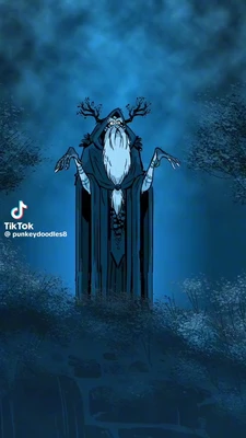 A vertical blue-toned fantasy illustration shows a tall, thin, robed forest figure standing centrally amid mist and shadowy trees. The figure has branching antlers, a long pointed white beard, wide eyes, and both arms raised outward with long, claw-like fingers; dark hanging robes extend nearly to the bottom of the frame, with a string of round ornaments down the chest. The TikTok watermark appears at lower left with the text “TikTok” and “@punkeydoodles8”. This meme is a video; captions are not available.
