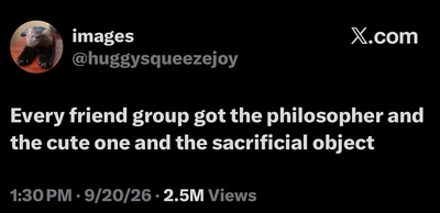 A black-background screenshot of an X.com post. At the upper left is a circular profile photo of a small gray-brown furry animal with dark paws on a reddish surface, beside the account name “images” and handle “@huggysqueezejoy”; “X.com” appears at the upper right. Large white text in the center reads, “Every friend group got the philosopher and the cute one and the sacrificial object”. Along the bottom, gray text reads, “1:30 PM · 9/20/26 · 2.5M Views”.