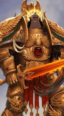 A portrait-oriented fantasy illustration shows a broad, dark-skinned warrior standing front-facing in elaborate gold and bronze armor. He has long black hair, a small black mustache, narrowed eyes, and a slight smile. His helmet or headpiece is mostly hidden behind a large radiant golden halo shaped like an eagle with outspread wings. Massive winged shoulder armor extends to both sides, decorated with feathers, engraved patterns, small emblems, and red and green gemstones. An eagle motif covers the center of his breastplate, with a large red oval gem below it. He wears layered engraved arm and leg armor, a red skirt-like tabard with hanging gold ornaments, and holds a large glowing orange-red sword diagonally across the lower foreground. The background is plain pale gray, and there is no visible text.