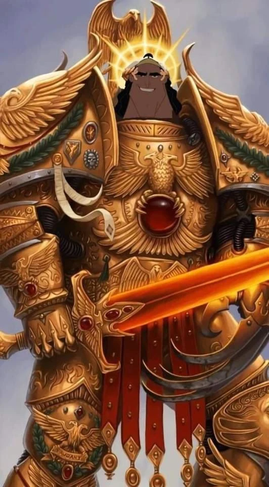 A portrait-oriented fantasy illustration shows a broad, dark-skinned warrior standing front-facing in elaborate gold and bronze armor. He has long black hair, a small black mustache, narrowed eyes, and a slight smile. His helmet or headpiece is mostly hidden behind a large radiant golden halo shaped like an eagle with outspread wings. Massive winged shoulder armor extends to both sides, decorated with feathers, engraved patterns, small emblems, and red and green gemstones. An eagle motif covers the center of his breastplate, with a large red oval gem below it. He wears layered engraved arm and leg armor, a red skirt-like tabard with hanging gold ornaments, and holds a large glowing orange-red sword diagonally across the lower foreground. The background is plain pale gray, and there is no visible text.