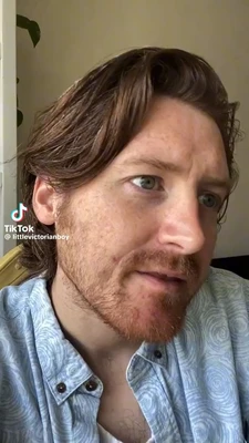 A vertically framed close-up shows a light-skinned man with medium-length brown hair, a reddish-brown beard and mustache, and green-gray eyes, wearing a light blue patterned button-up shirt. He faces the camera from a slight angle with raised, furrowed eyebrows and a skeptical, concerned expression. A pale wall, a white doorframe, and part of a leafy plant are visible behind him. At lower left, the TikTok watermark reads “TikTok” and “@ littlevictorianboy”. This meme is a video; captions are not available.