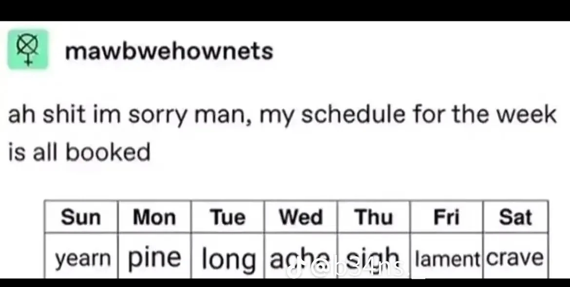A white social-media-style post has a small green avatar at the upper left containing a black circled-X symbol with a female symbol beneath it, followed by the username “mawbwehownets.” Below, large black text reads, “ah shit im sorry man, my schedule for the week is all booked.” A weekly table underneath has column headings “Sun,” “Mon,” “Tue,” “Wed,” “Thu,” “Fri,” and “Sat,” with the entries “yearn,” “pine,” “long,” “ache,” “sigh,” “lament,” and “crave,” respectively. A faint white watermark crosses the lower center of the table, and the bottom of the post is cropped.