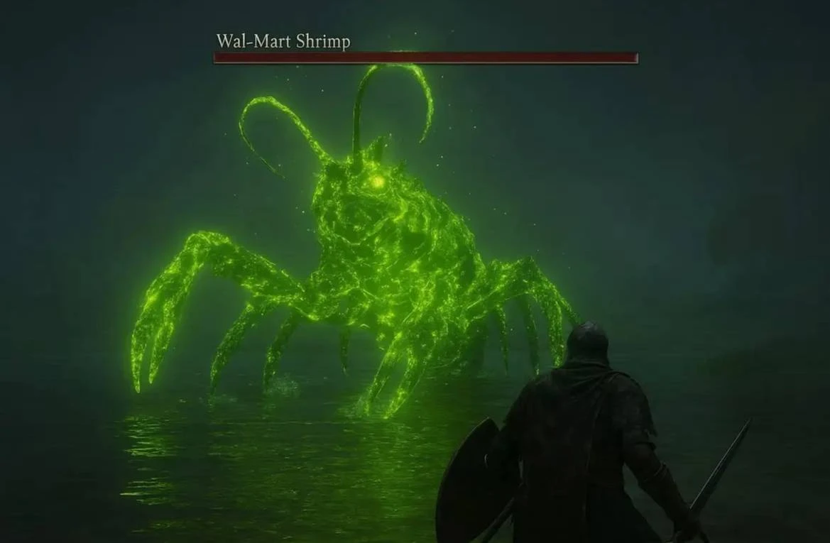A dark video-game boss-battle scene shows a giant, glowing green shrimp-like creature emerging from shallow water, with long antennae, multiple legs, and a bright central eye or glow. At the top, the label “Wal-Mart Shrimp” appears above a long red health bar. In the lower-right foreground, a dark-clad warrior is seen from behind, holding a shield in the left hand and a sword in the right, facing the creature.