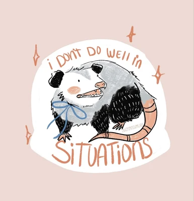 On a pale pink background, a white irregular oval contains a hand-drawn, fluffy gray-and-white creature with black ears, a pink nose and cheeks, a toothy grin, black legs and paws, and a large curled peach-colored tail with darker stripes. It wears a blue bow around its neck and crouches with its head turned left. Orange handwritten text above it reads “i DON'T DO WELL in” and large orange text below reads “SITUATIONS.” Orange four-pointed sparkles surround the oval, and a faint watermark on the creature’s lower right side reads “CRAZY...”.