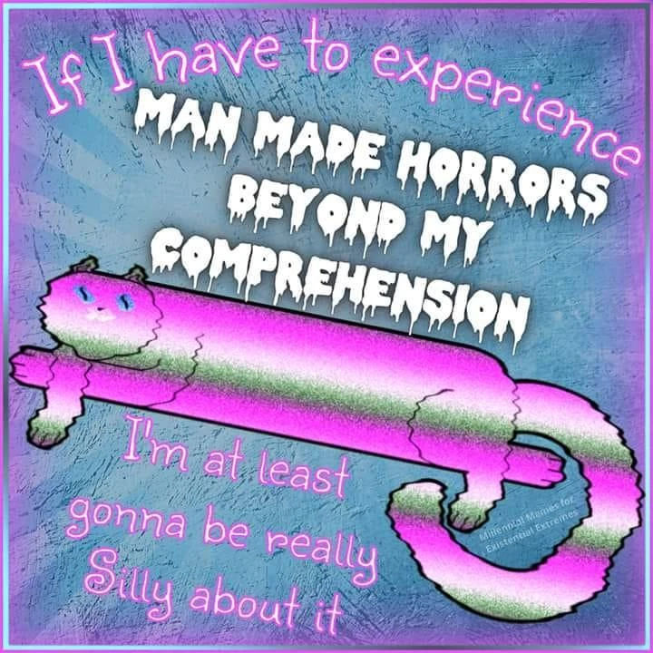 A square meme with a textured blue background, a purple border, and pink glow accents. Large pink handwritten text across the top reads, “If I have to experience”. Beneath it, large white dripping horror-style lettering reads, “MAN MADE HORRORS BEYOND MY COMPREHENSION”. A long, horizontally stretched pink-and-lavender creature occupies the center: it has a rounded head on the left with two small blue eyes, a simple mouth, small protrusions on top, several short limbs, and a thick curved tail extending toward the lower right. Pink handwritten text along the bottom reads, “I’m at least gonna be really Silly about it”. Small faint text near the lower right reads, “weird memes for existential enjoyment”.