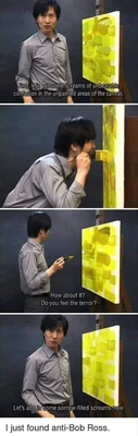 A four-panel vertical meme features a dark-haired man in a gray button-up shirt standing beside a canvas on an easel, with a yellow-and-white abstract painting made of overlapping rectangular blocks. In the first panel, he faces the viewer beside the canvas; the caption reads, “First, let's put some screams of unbearable confusion in the unpainted areas of the canvas.” In the second panel, he leans toward the canvas with one hand held near his mouth. In the third panel, he stands beside the painting holding a paintbrush and looks at the canvas; the caption reads, “How about it? Do you feel the terror?” In the fourth panel, he faces the viewer with a serious expression beside the completed yellow painting; the caption reads, “Let's add in some sorrow-filled screams now.” A white strip at the bottom reads, “I just found anti-Bob Ross.”